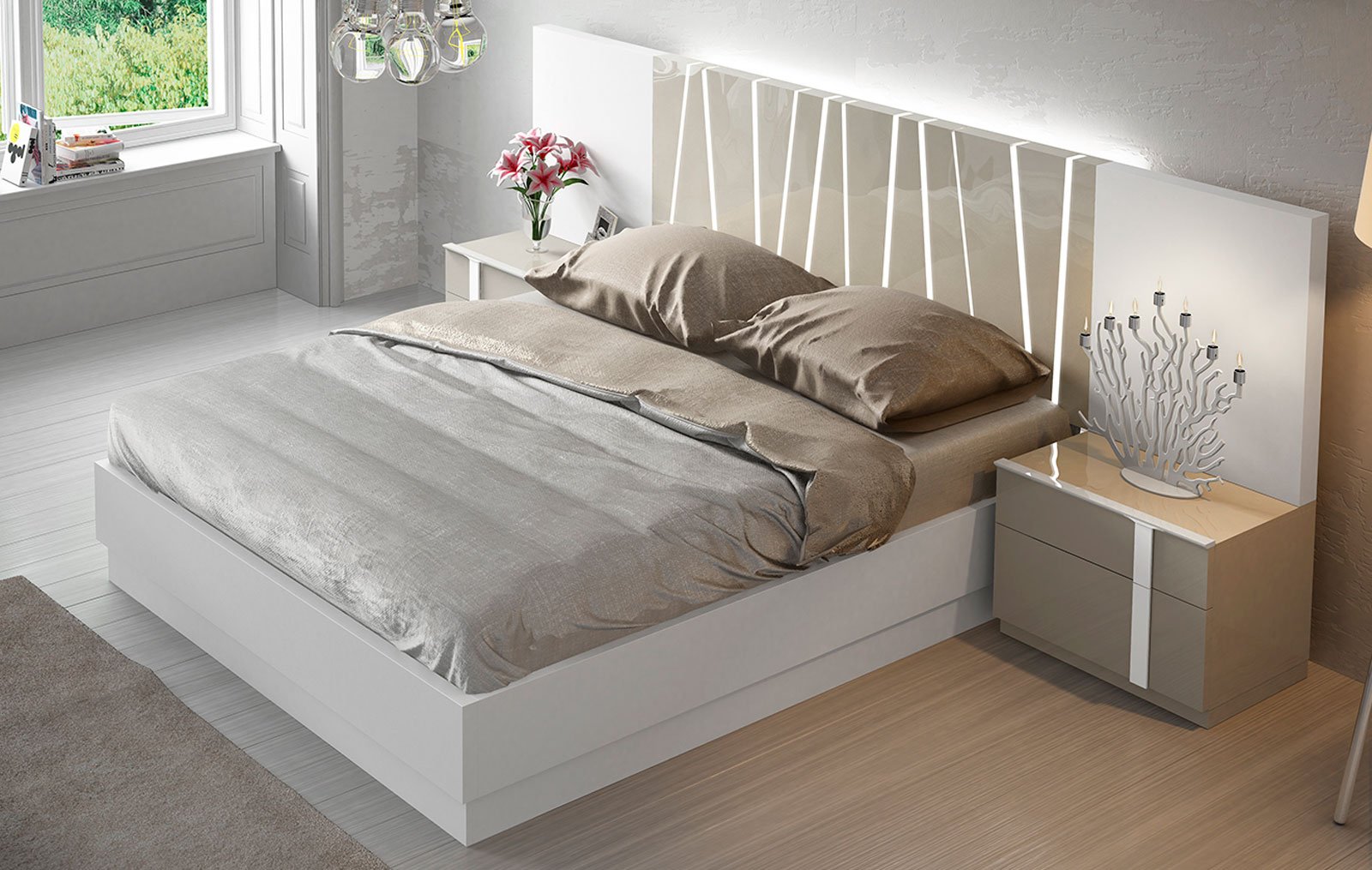 двуспальная кровать с подъемным механизмом и тумбочками