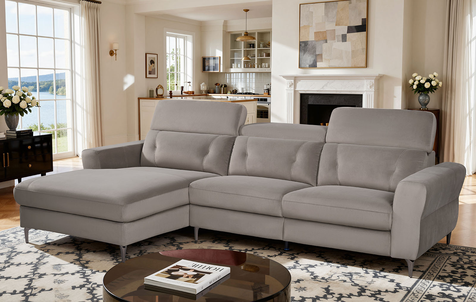 Диван-реклайнер Adeline угловой (левый), серо-коричневый