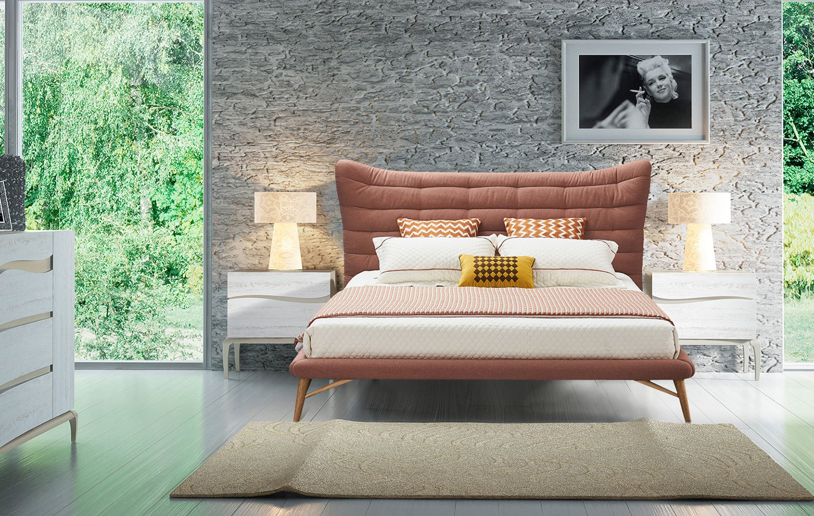 Кровать с тумбами 180x200 (Композиция 6 Venezia), коралловый/дуб декапе