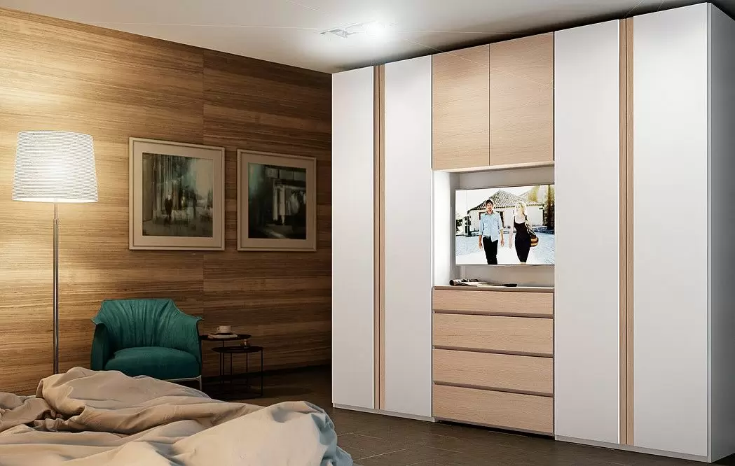 Шкаф LIMA распашной, TV-панелью и ящиками 292 H240, белый/дуб (YM513)