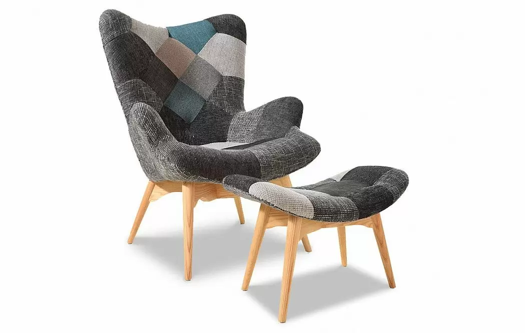 Кресло с оттоманкой Contour, темный пэчворк