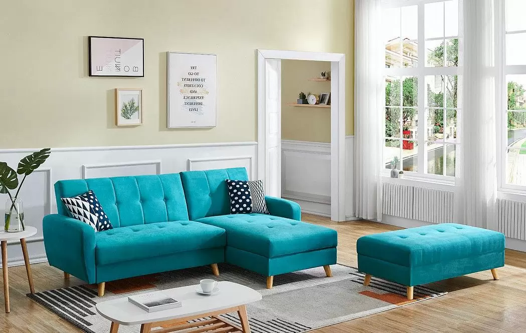 Диван-кровать Riviera угловой правый + оттоманка, бирюзовый цвет