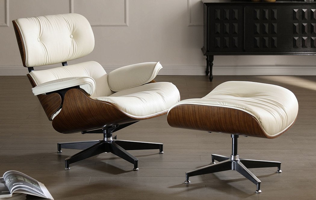 Комплект кресло и оттоманка Eames Lounge, кремовый/орех