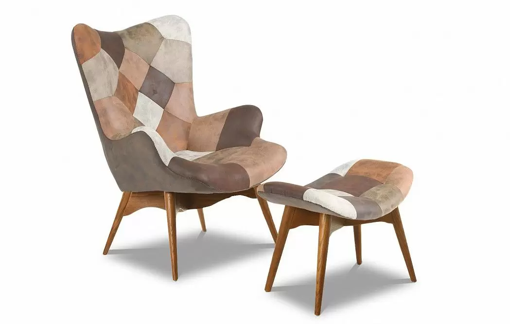 Кресло с оттоманкой Contour, коричневый пэчворк/коричневый