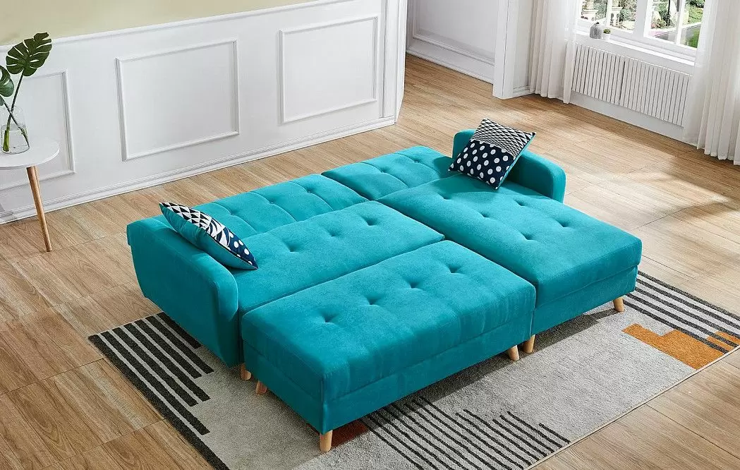 Диван-кровать Riviera угловой правый + оттоманка, бирюзовый цвет - фото 2